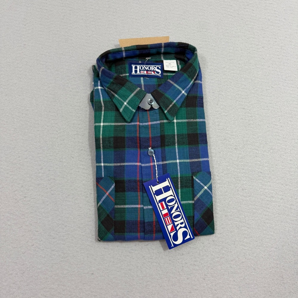 Vintage Honors Flannel Shirt Mens XL Blue Green Plaid Button Up Cotton 90s NEW